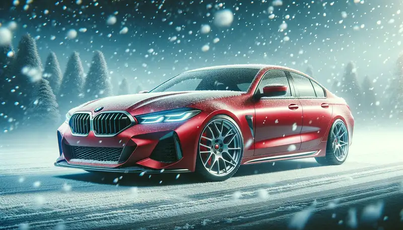 雪の中を走る赤い車