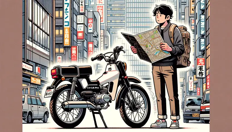 バイクと地図を広げる男性