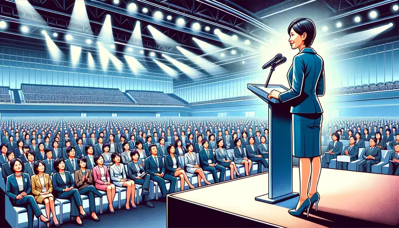 段の上でスピーチをする女性