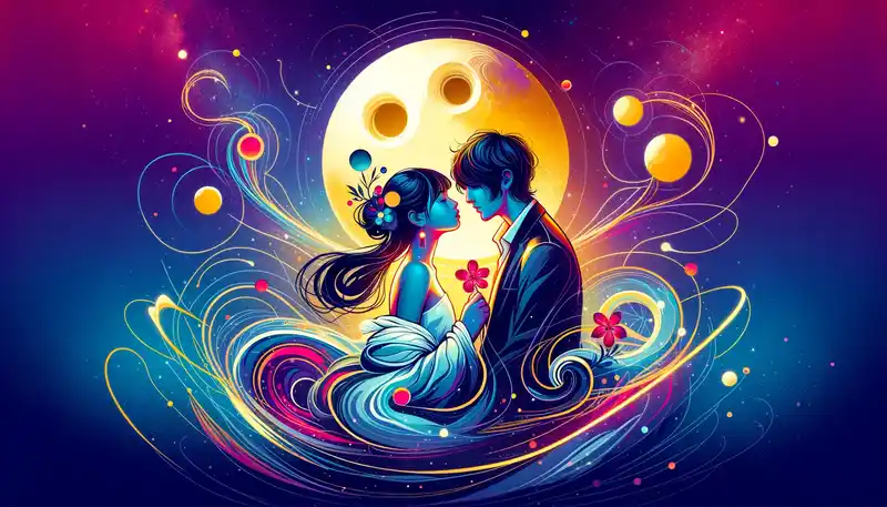 星空の下で冥王星を背景に抱き合うカップルのイラスト