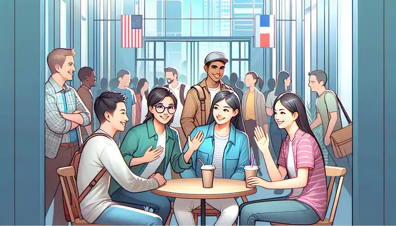 多様なアジア人が外国人と友好的に会話しているイラスト