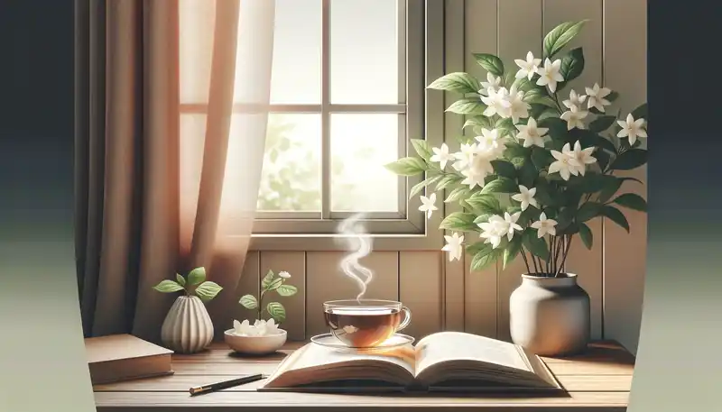 ジャスミン茶のカップと本が置かれたテーブルのイラスト