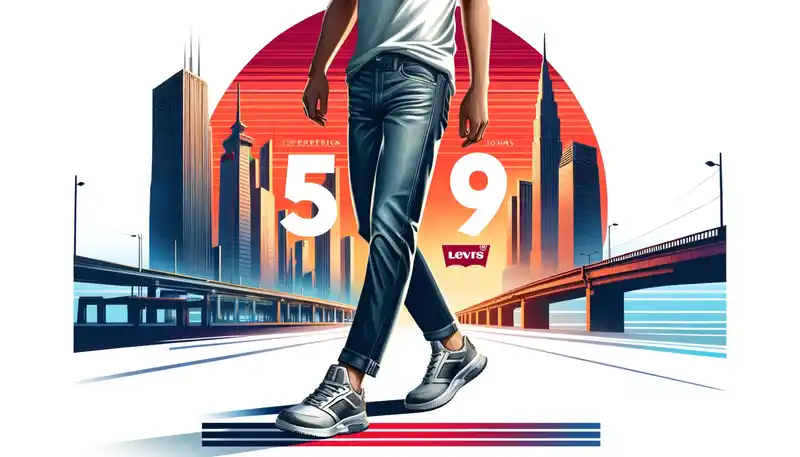 都市の背景でリーバイス509を着用するおしゃれな男性がカジュアルに歩くイラスト