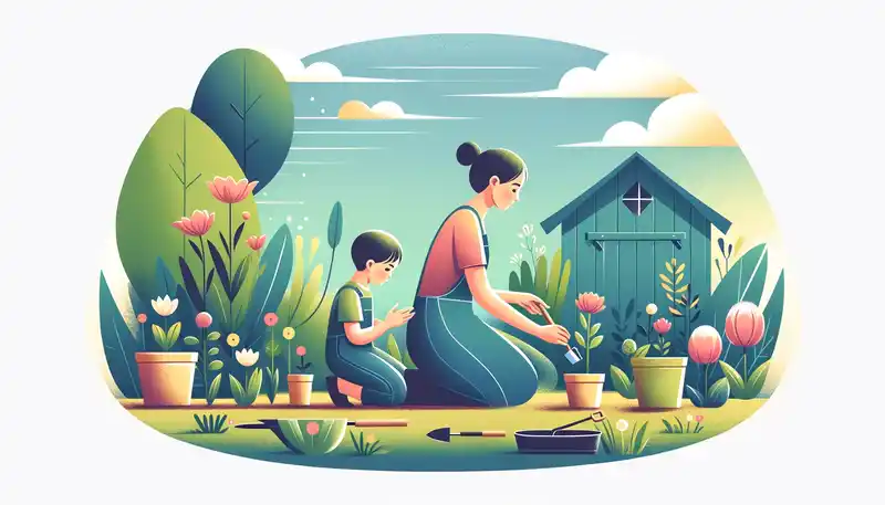 子どもに花植えを教える母親の平和なイラスト