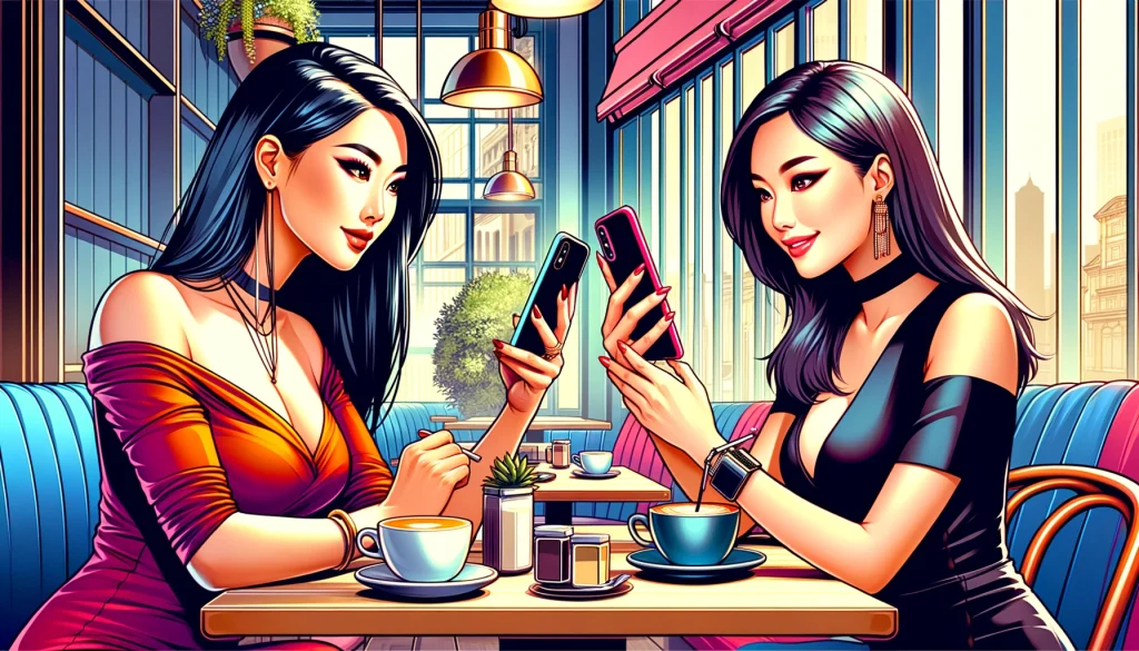 カフェでスマホを使う二人の女性のイラスト