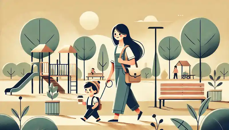 母親がリュックとポシェットを持ち、公園で子供と歩いている