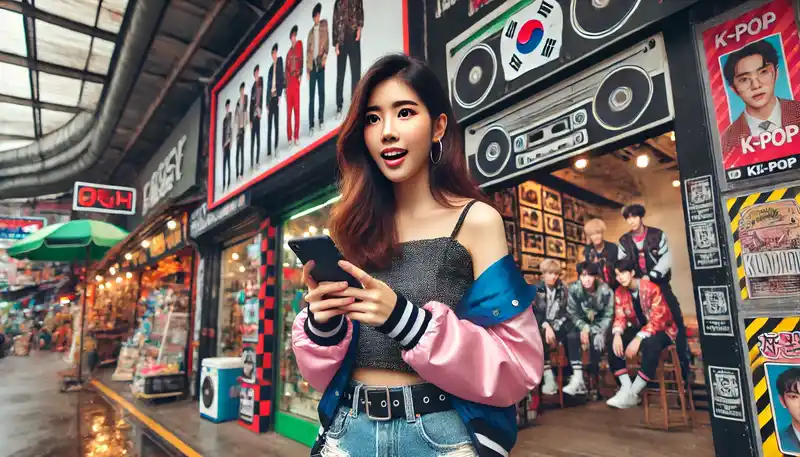 K-pop関連のポスターが飾られた音楽ショップの前でスマホを操作する女性