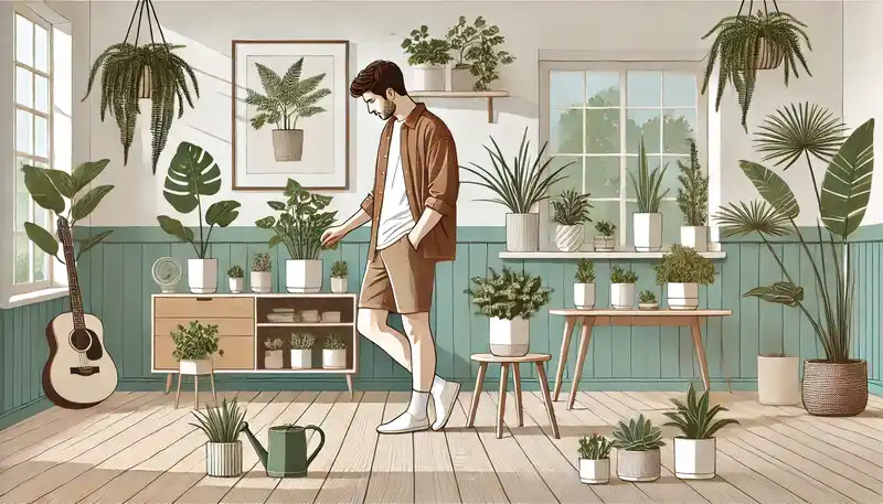 観葉植物を手入れする男性